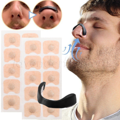 Man using a nose strip with packaging and close-up shots of the product.